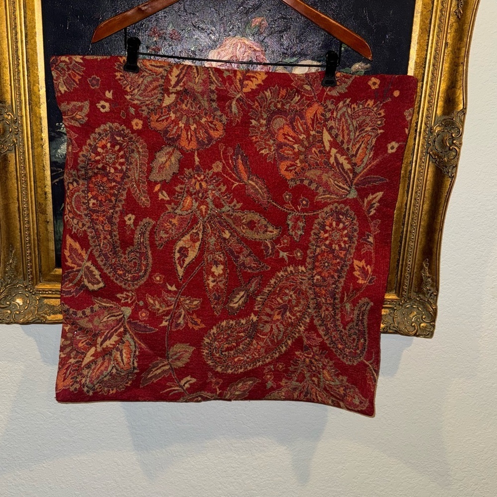 Pottery Barn Red Wool Paisley Beaded 26x26 Throw Pillow Cover Button Back